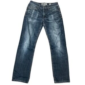 BKE Jake Bootleg Jeans Mens 31R Dark Wash Distressed Heavy Stitch Crotch Hole